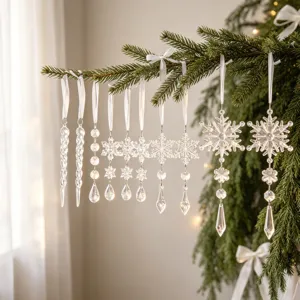 Juego de Adornos Navideños de Acrílico Carámbano Copo de Nieve Decoraciones Colgantes Efecto Cristal para Árbol de Navidad Fiesta