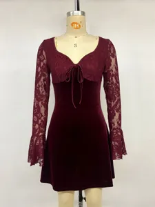 Velvet lace long sleeve dress detail showcasing sheer sleeves, sweetheart neck and chest tie.
