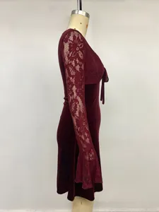 Wine red velvet long sleeve lace spliced dress, slim waist tie short dress detail view.