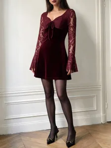Burgundy velvet and lace long sleeve mini dress featuring lace up waist for women style