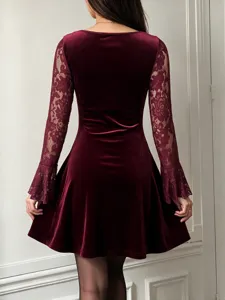 Detailed view of the velvet mini dress back, featuring delicate lace long sleeves and slim fit.