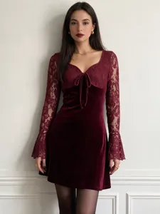 Women velvet lace long sleeve mini dress featuring bow tie waist and square collar design.