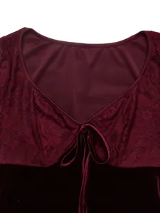 Burgundy velvet lace dress detail, long sleeve front tie round neck women fashion apparel.
