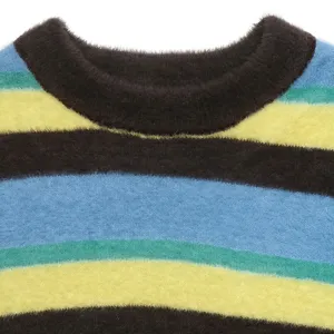 Détail pull duveteux rayé, texture tricot peluche douce, rayures multicolores.