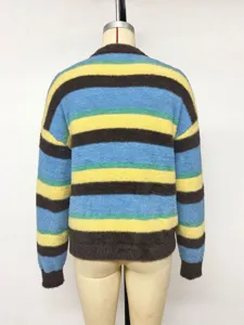 Pull femme duveteux à rayures manches longues, pull-over doux et décontracté automne hiver.