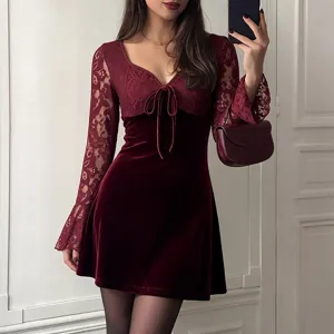 Women Vintage Wine Red Velvet Lace Splicing Mini Dress Long Sleeve Lace-Up Waist Christmas Halloween Party A-Line Dress
