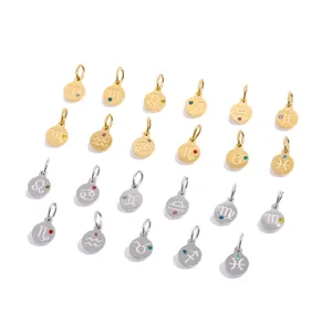 Stainless steel 12 zodiac signs birthstone round charm pendants for DIY jewelry making accessories.