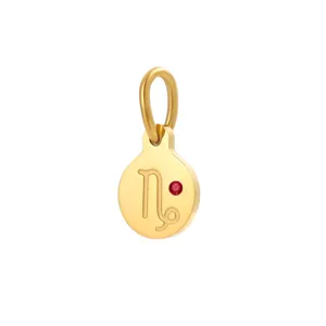 Detailed view of the gold stainless steel Capricorn zodiac sign pendant with red birthstone.
