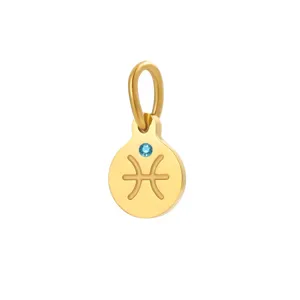 Gold stainless steel Pisces zodiac birthstone round pendant charm for DIY jewelry making.