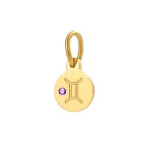 Detailed view of gold stainless steel Gemini zodiac birthstone round pendant for DIY jewelry.