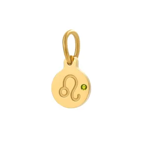 Gold stainless steel Leo zodiac sign round pendant charm with green birthstone for DIY jewelry.