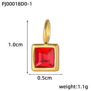 Detail view of square stainless steel red birthstone pendant showing dimensions.