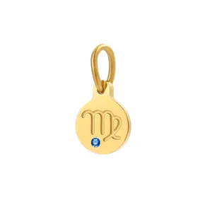 Detailed close-up of gold stainless steel Virgo zodiac charm pendant with blue birthstone.
