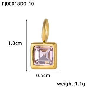 Square stainless steel pendant with colorful cubic zirconia, compact size 1.0x0.5cm jewelry.
