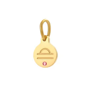 Details of stainless steel Libra zodiac birthstone pendant, gold round DIY charm accessory.