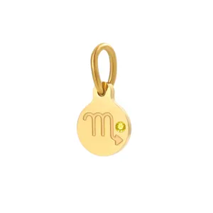 Detailed view of the stainless steel Scorpio zodiac charm pendant with yellow birthstone.