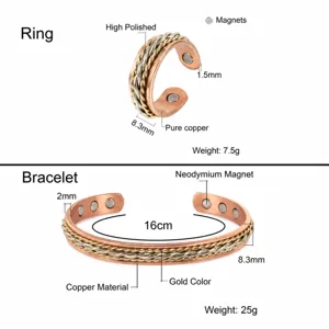 Ensemble bague et bracelet magnétique en cuivre, design tressé fait main avec aimants néodyme.