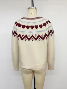 Back view of a cozy women's heart jacquard knit sweater, perfect for winter and Christmas.