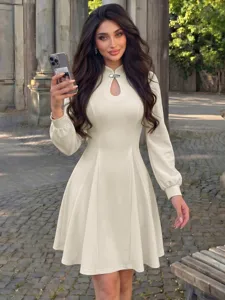 Elegant beige long sleeve mini dress with mandarin collar and chic fit-and-flare silhouette.