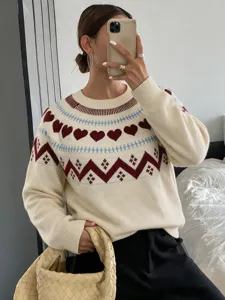 Women Heart Jacquard Knit Sweater Long Sleeve Casual Pullover Autumn Winter Fashion Top