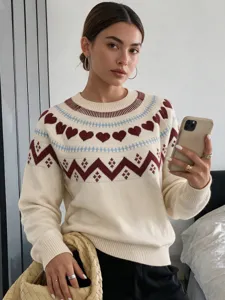 Heart pattern knit sweater winter long sleeve pullover fashion casual warm top detail view