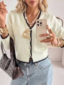 Women's V-neck contrast trim cardigan autumn casual knit sweater elegant long sleeve top