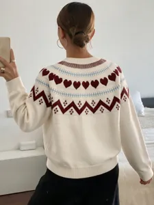 Women's winter cozy knit sweater with cute red heart fair isle pattern long sleeve pullover.