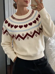 Women's autumn winter casual heart jacquard knit sweater long sleeve crewneck pullover top