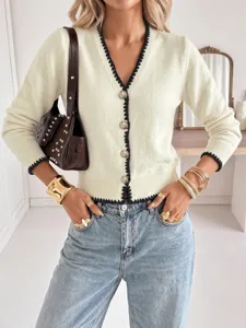 Chic V-neck knit cardigan with contrast trim and metal buttons, perfect for casual autumn style.