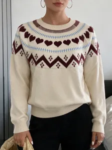 European style heart jacquard knit sweater women long sleeve autumn winter warm top detail.
