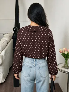 Brown polka dot long sleeve bodysuit with chic frilled collar and classic style for daily.