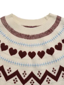 Heart jacquard knit sweater detail view, cozy winter long sleeve pullover top for women