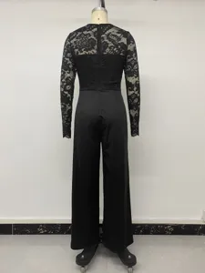 Combinaison noire élégante en dentelle pour femme, style de bureau automne hiver mode.