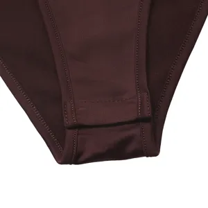 Detailed view of the women's bodysuit snap closure and fine stitching in dark brown fabric.
