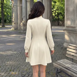 Retro elegant mock neck long sleeve mini dress for women, chic autumn slim fashion casual
