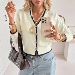Women Elegant V-Neck Knit Cardigan Rabbit Hair Scalloped Trim Color Block Single Breasted Long Sleeve Casual Sweater Top
