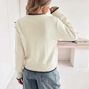 Casual women's knit cardigan with scalloped trim, chic long sleeve sweater top for autumn.