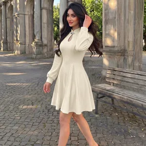 Retro Chinese style mini dress, stand collar hollow long sleeve beige dress for women