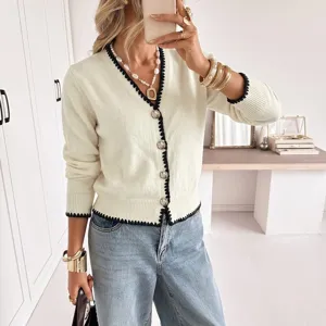 Women's V-neck Knit Cardigan Sweater Casual Long Sleeve Button Down Knitwear Chic Outerwear