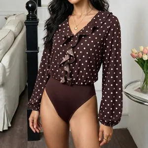 Women Polka Dot Ruffle V Neck Long Sleeve Bodysuit Blouse Shirt Commuter Elegant Slim Fit One Piece Leotard Top
