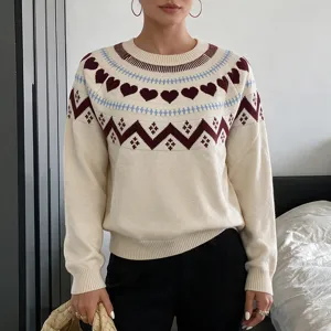 Women Long Sleeve Knit Sweater Fall Winter Heart Jacquard Pullover Casual Chic Top