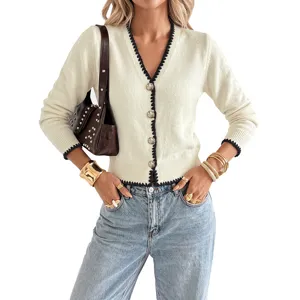 Chic V-neck knit cardigan for women, stylish contrast trim and metal buttons, perfect autumn wear.