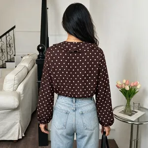 Women casual polka dot long sleeve bodysuit with ruffle collar elegant commuter blouse