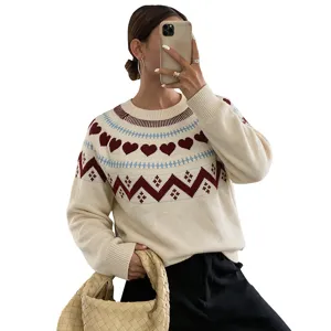 Women heart jacquard knit sweater autumn winter cozy long sleeve pullover top casual chic