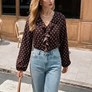 Women brown polka dot ruffle V-neck long sleeve bodysuit stylish chic casual daily wear top