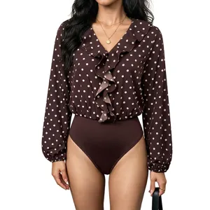 Women's V-neck polka dot long sleeve bodysuit with elegant ruffle trim for daily commute.