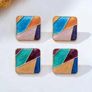 Boucles d'oreilles carrées style peinture à l'huile, design émail géométrique, chic.