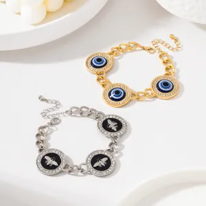 Ensemble de bracelets à maillons charms strass œil du diable doré et abeille argenté femme chic