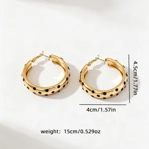 Boucles d'oreilles créoles en métal doré rétro à motif de pois noirs, bijoux de mode élégants.