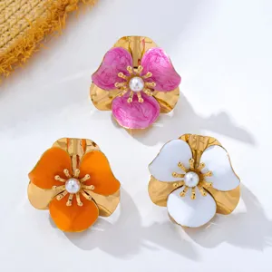 Bagues de fleurs en métal doré vintage volumineuses avec perle, bijoux de doigt élégants.